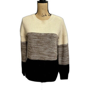 Women’s Color Block Netted Texture Pullover Sweater Black Size Small
